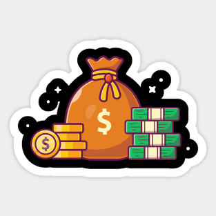 Sack of money with stock of coins cartoon Sticker